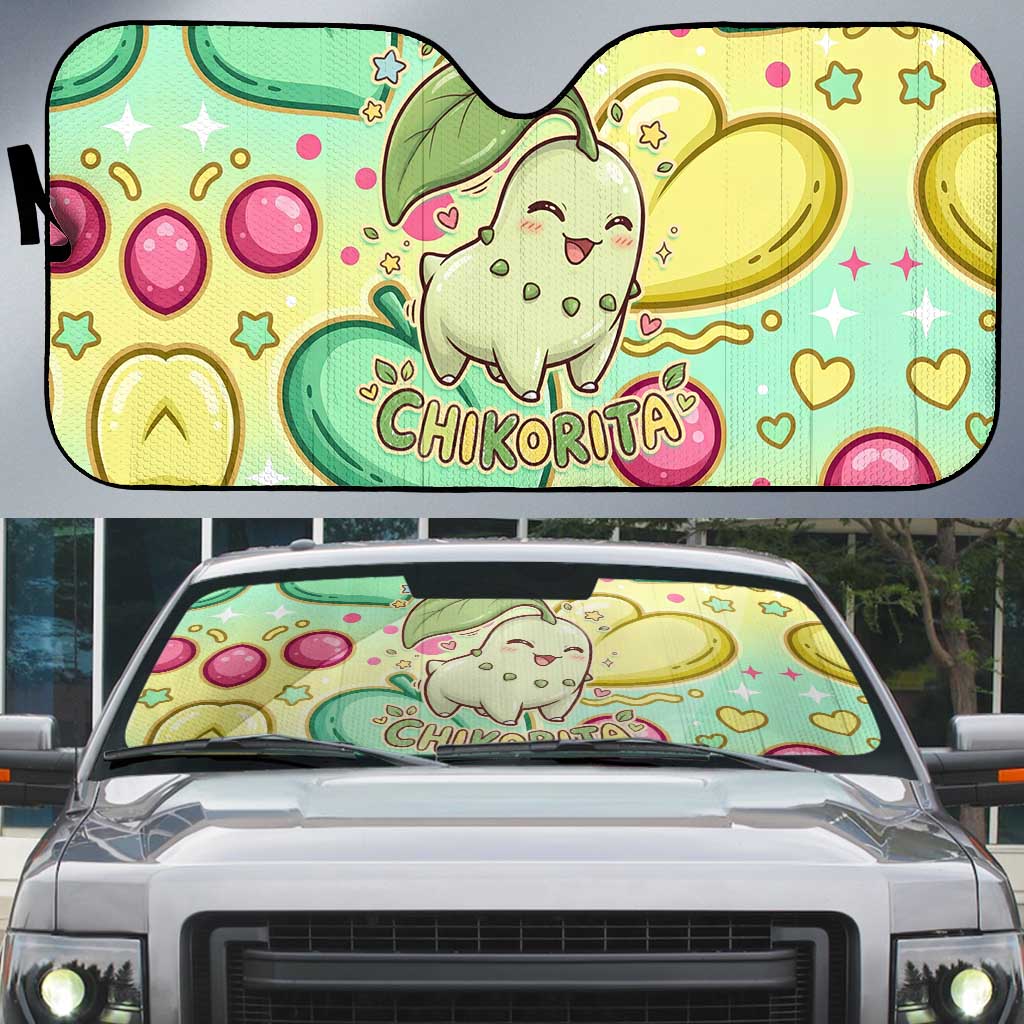 Chikorita Auto Sun Shade Vibrant Pastel Leaf Pop Art