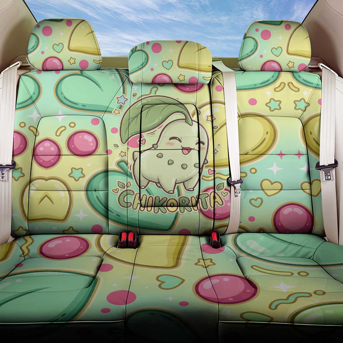 Chikorita Back Car Seat Cover Vibrant Pastel Leaf Pop Art