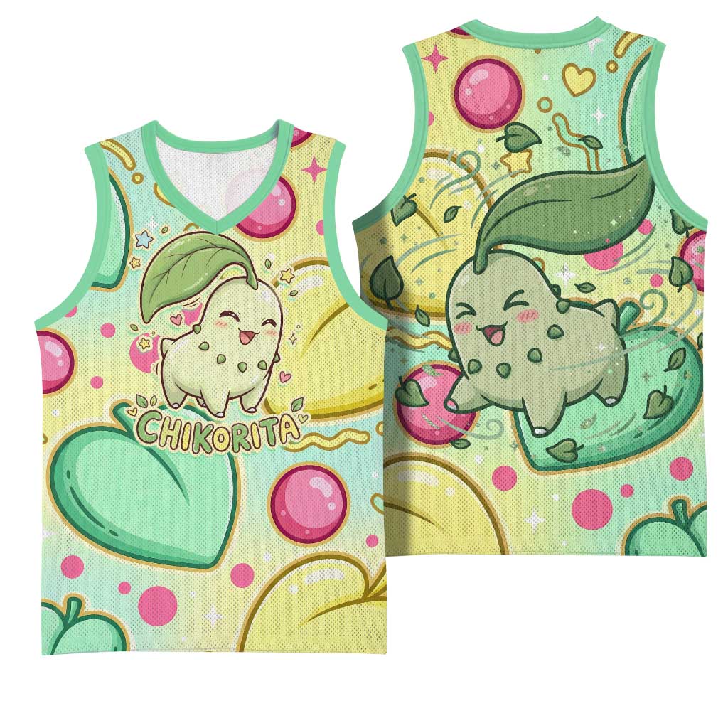 Chikorita Basketball Jersey Vibrant Pastel Leaf Pop Art