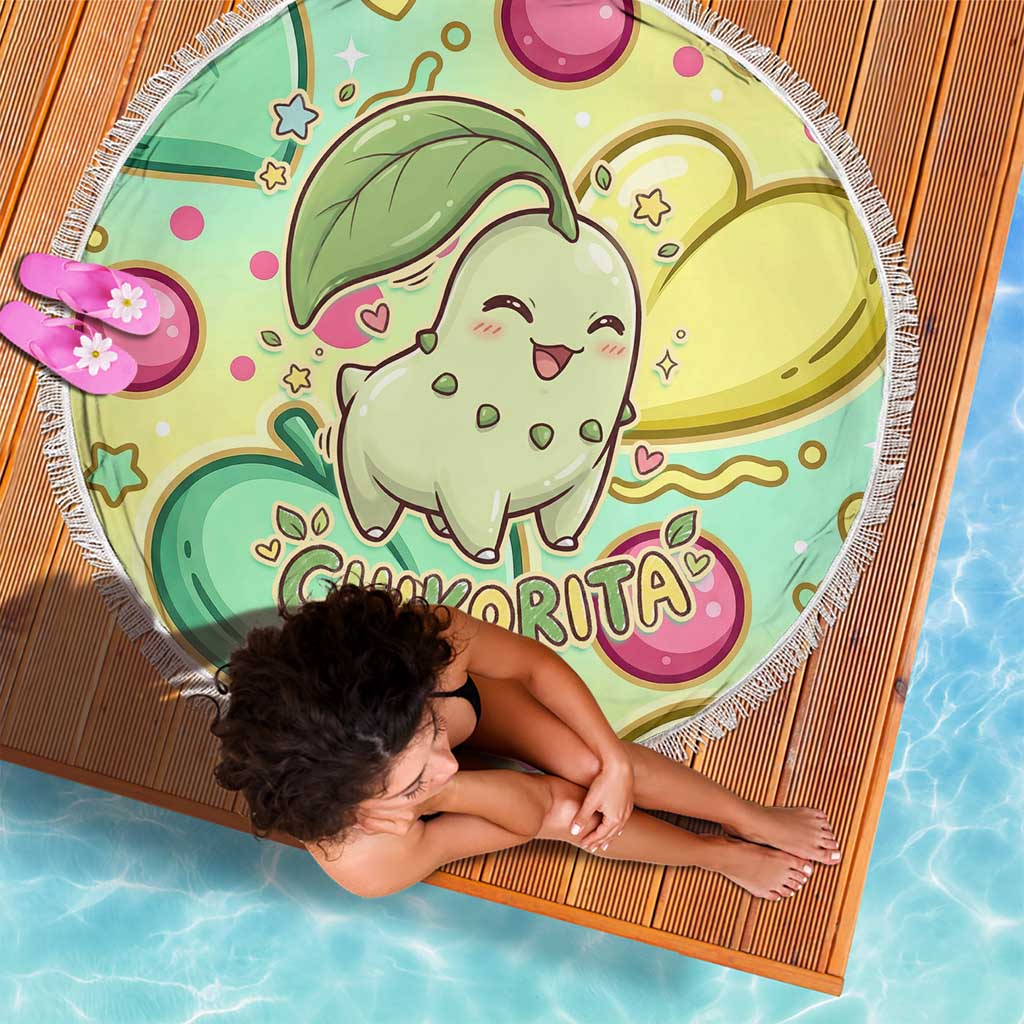 Chikorita Beach Blanket Vibrant Pastel Leaf Pop Art