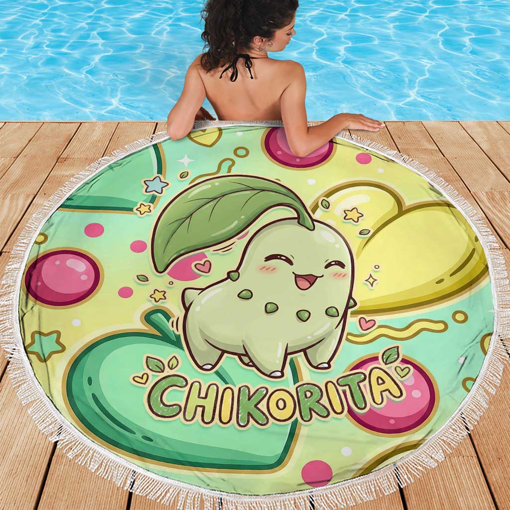 Chikorita Beach Blanket Vibrant Pastel Leaf Pop Art