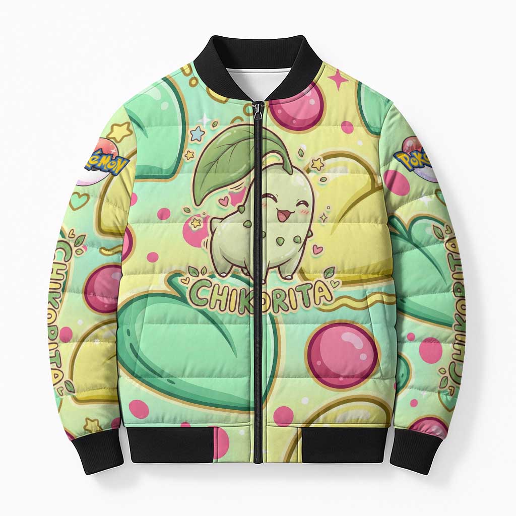 Chikorita Bomber Puffer Jacket Vibrant Pastel Leaf Pop Art