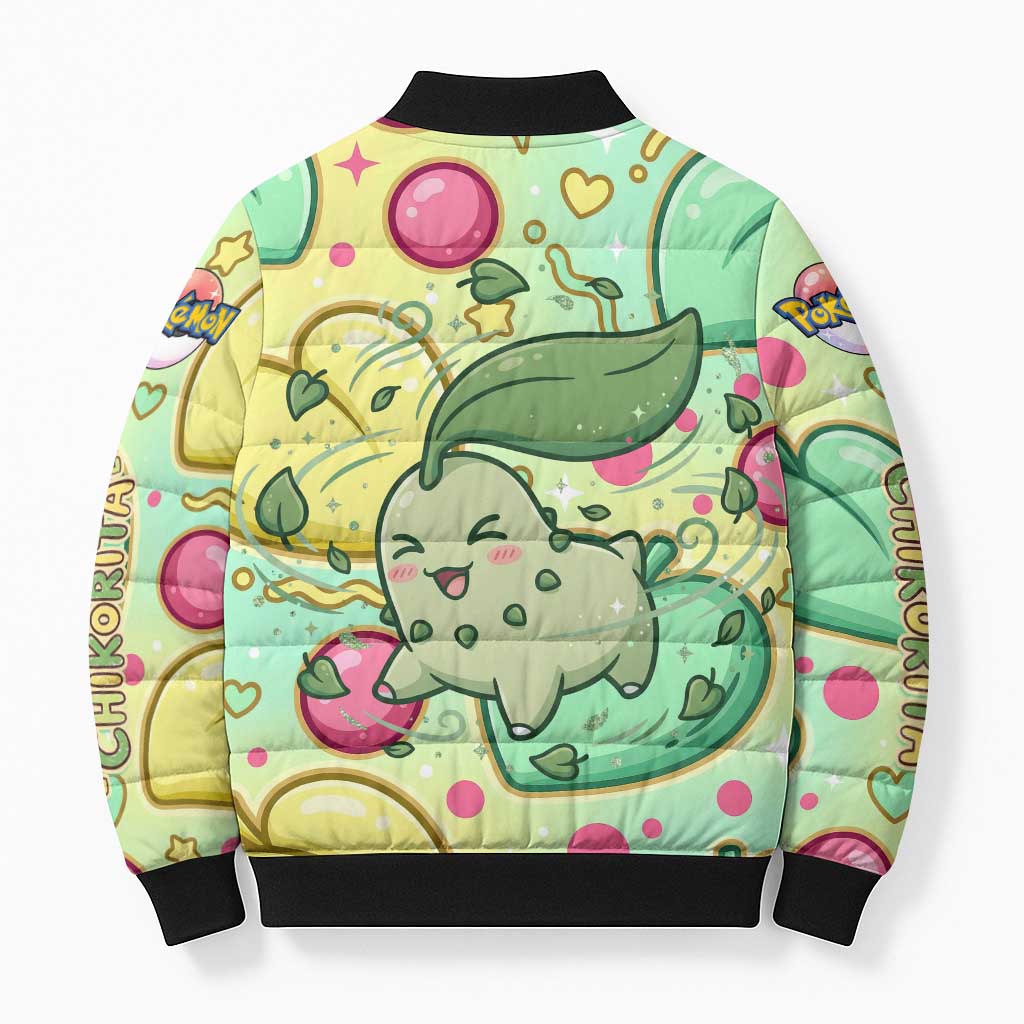 Chikorita Bomber Puffer Jacket Vibrant Pastel Leaf Pop Art