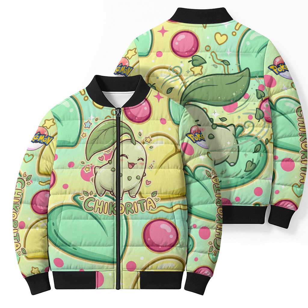 Chikorita Bomber Puffer Jacket Vibrant Pastel Leaf Pop Art