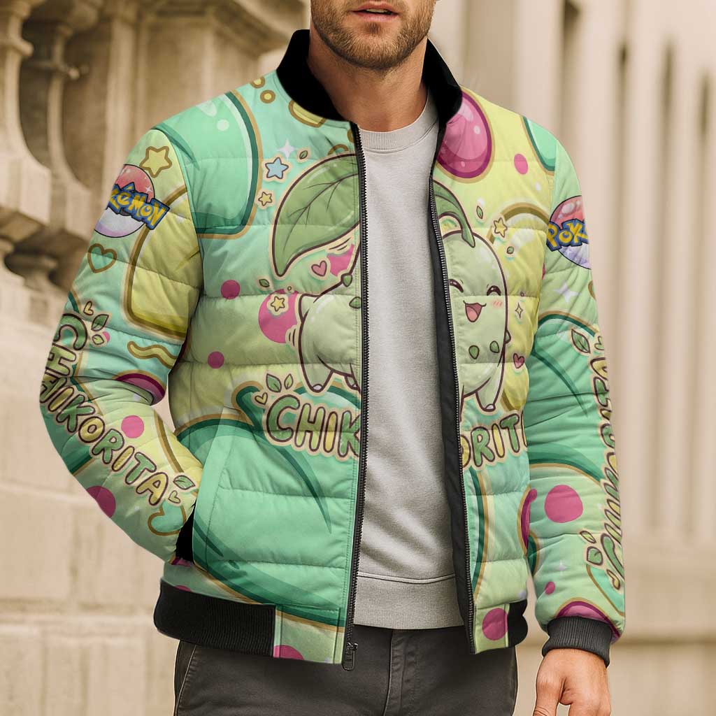 Chikorita Bomber Puffer Jacket Vibrant Pastel Leaf Pop Art