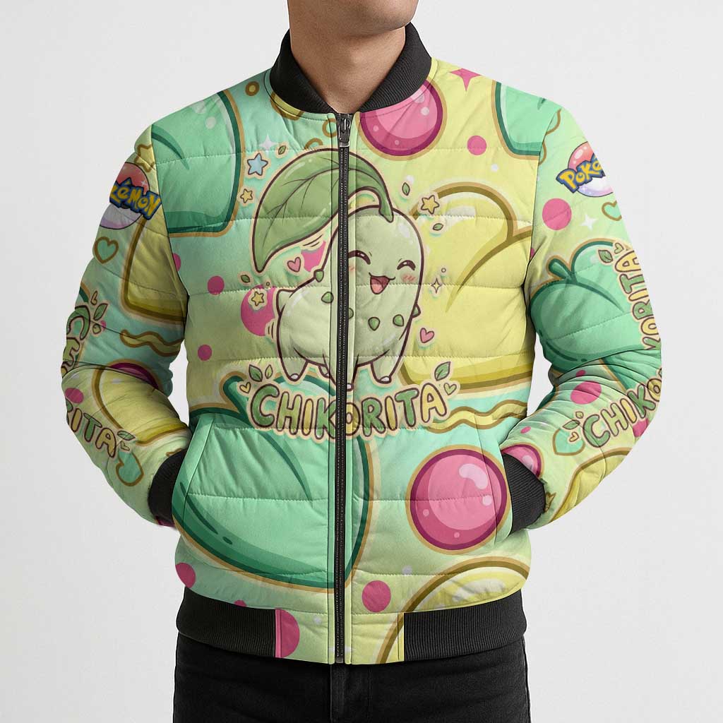 Chikorita Bomber Puffer Jacket Vibrant Pastel Leaf Pop Art