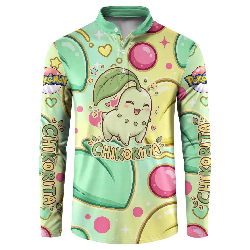 Chikorita Button Sweatshirt Vibrant Pastel Leaf Pop Art