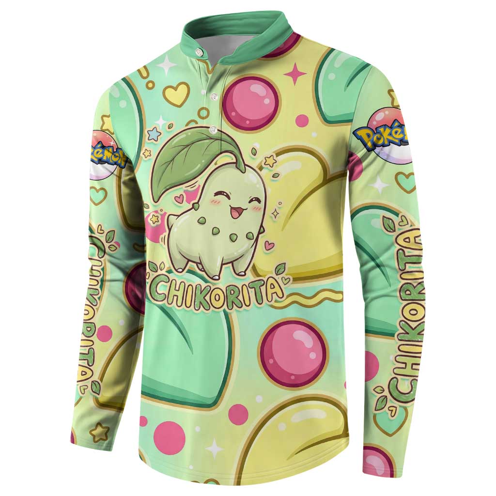 Chikorita Button Sweatshirt Vibrant Pastel Leaf Pop Art