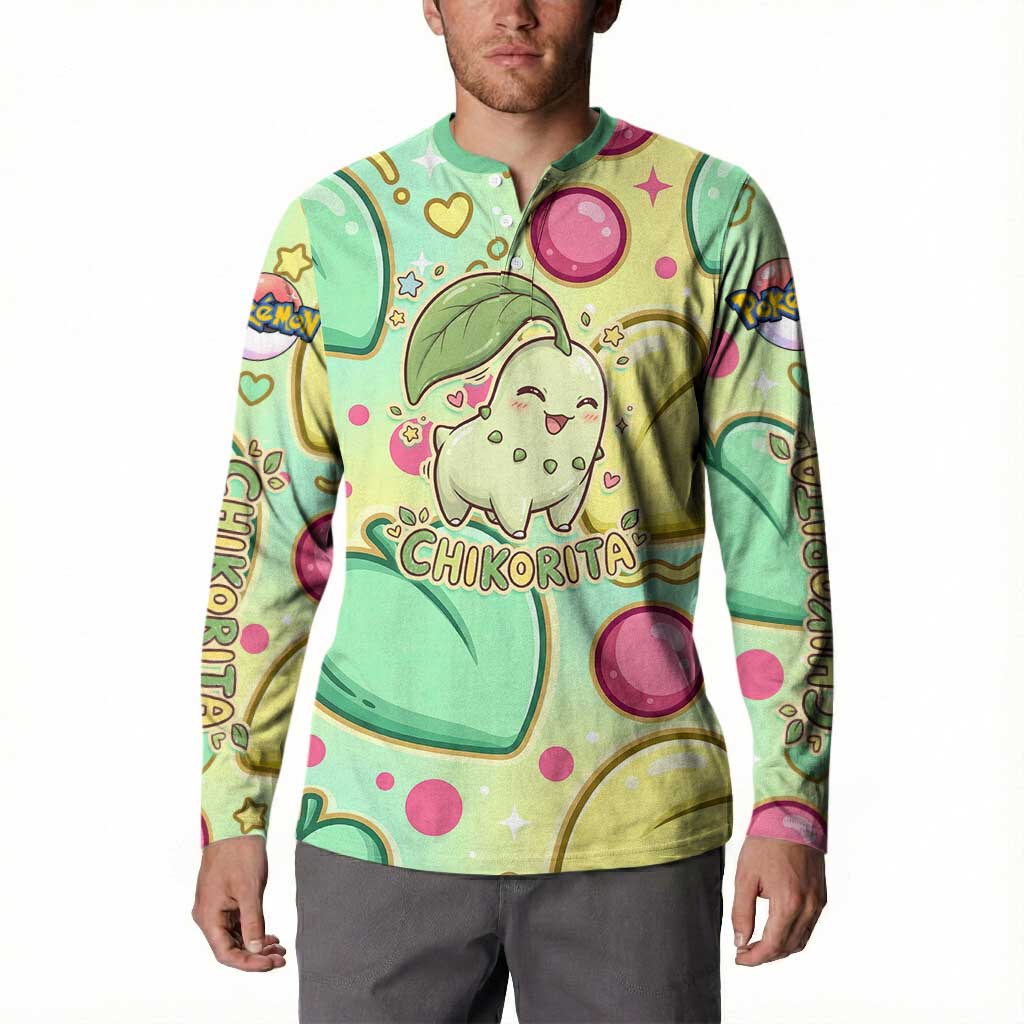 Chikorita Button Sweatshirt Vibrant Pastel Leaf Pop Art