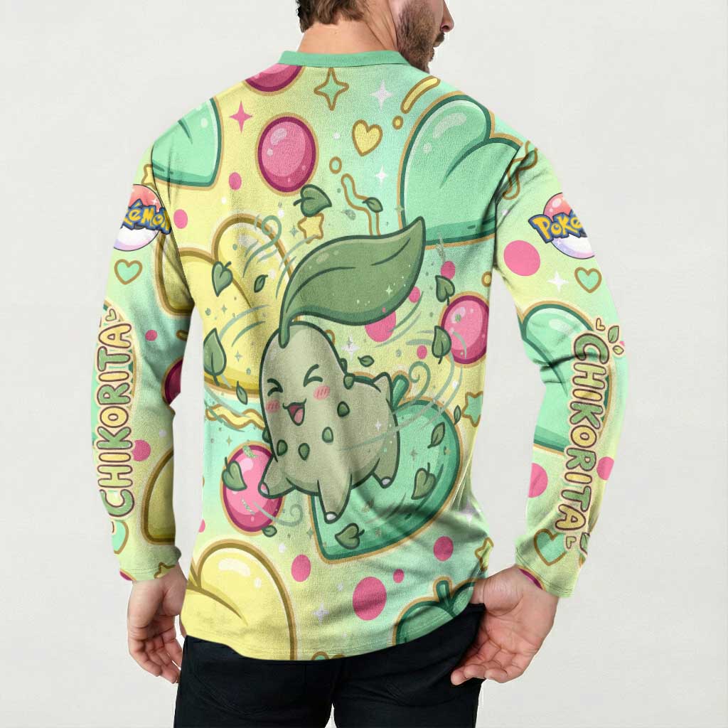 Chikorita Button Sweatshirt Vibrant Pastel Leaf Pop Art