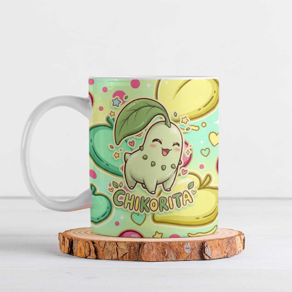 Chikorita Ceramic Mug Vibrant Pastel Leaf Pop Art