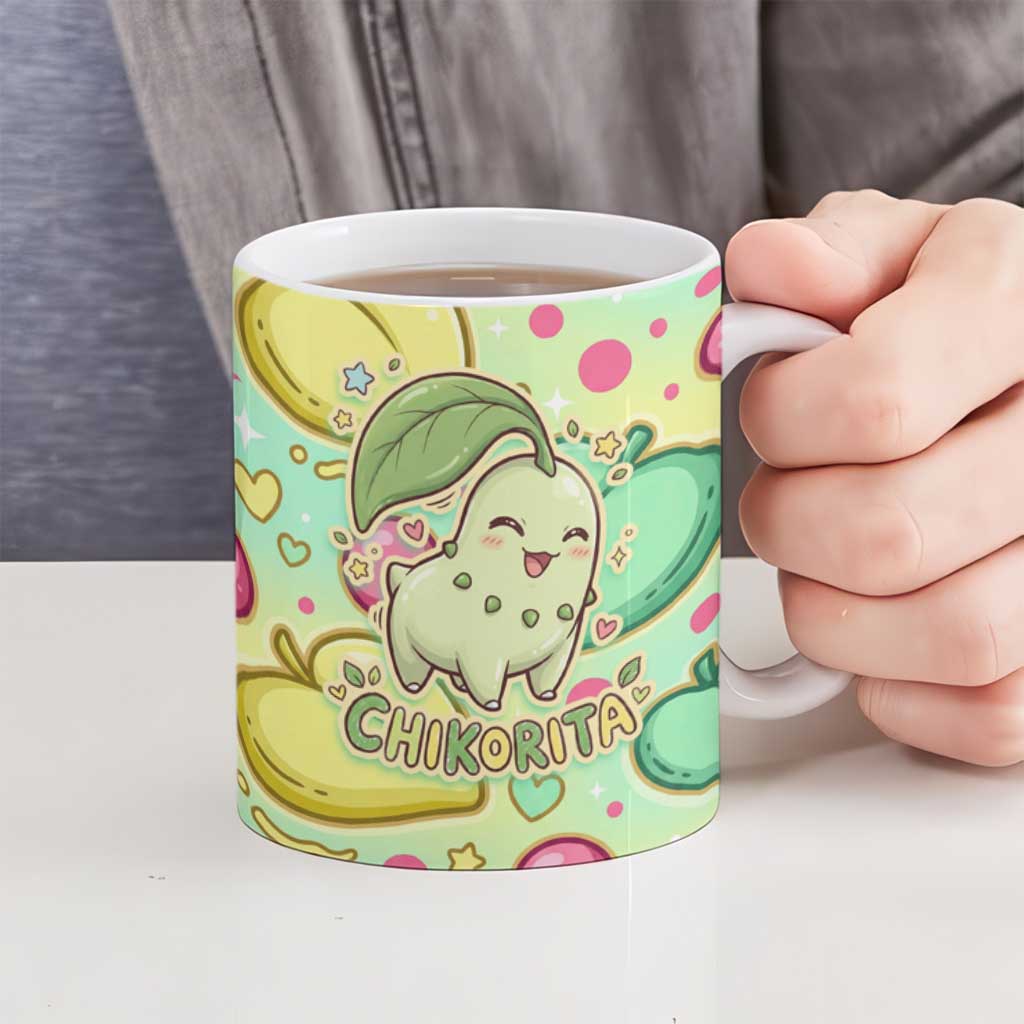 Chikorita Ceramic Mug Vibrant Pastel Leaf Pop Art