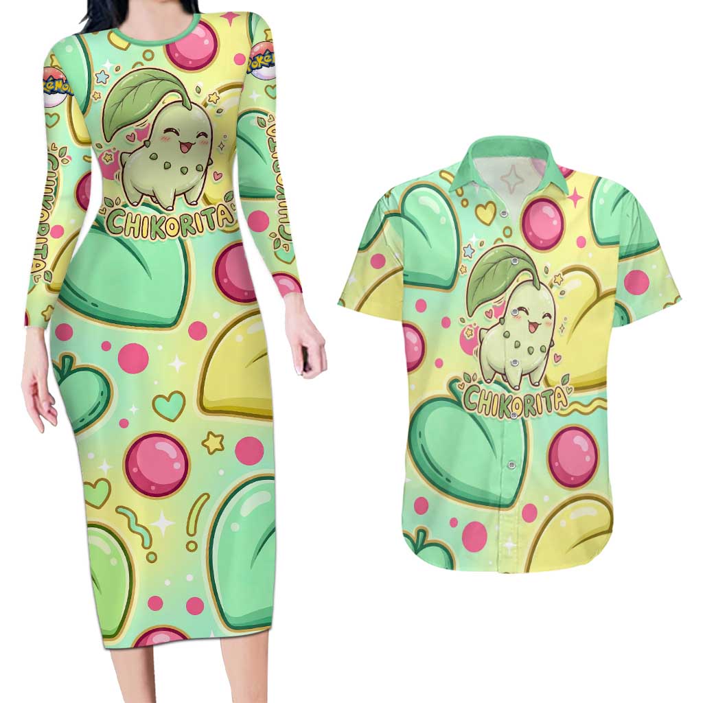 Chikorita Couples Matching Long Sleeve Bodycon Dress and Hawaiian Shirt Vibrant Pastel Leaf Pop Art
