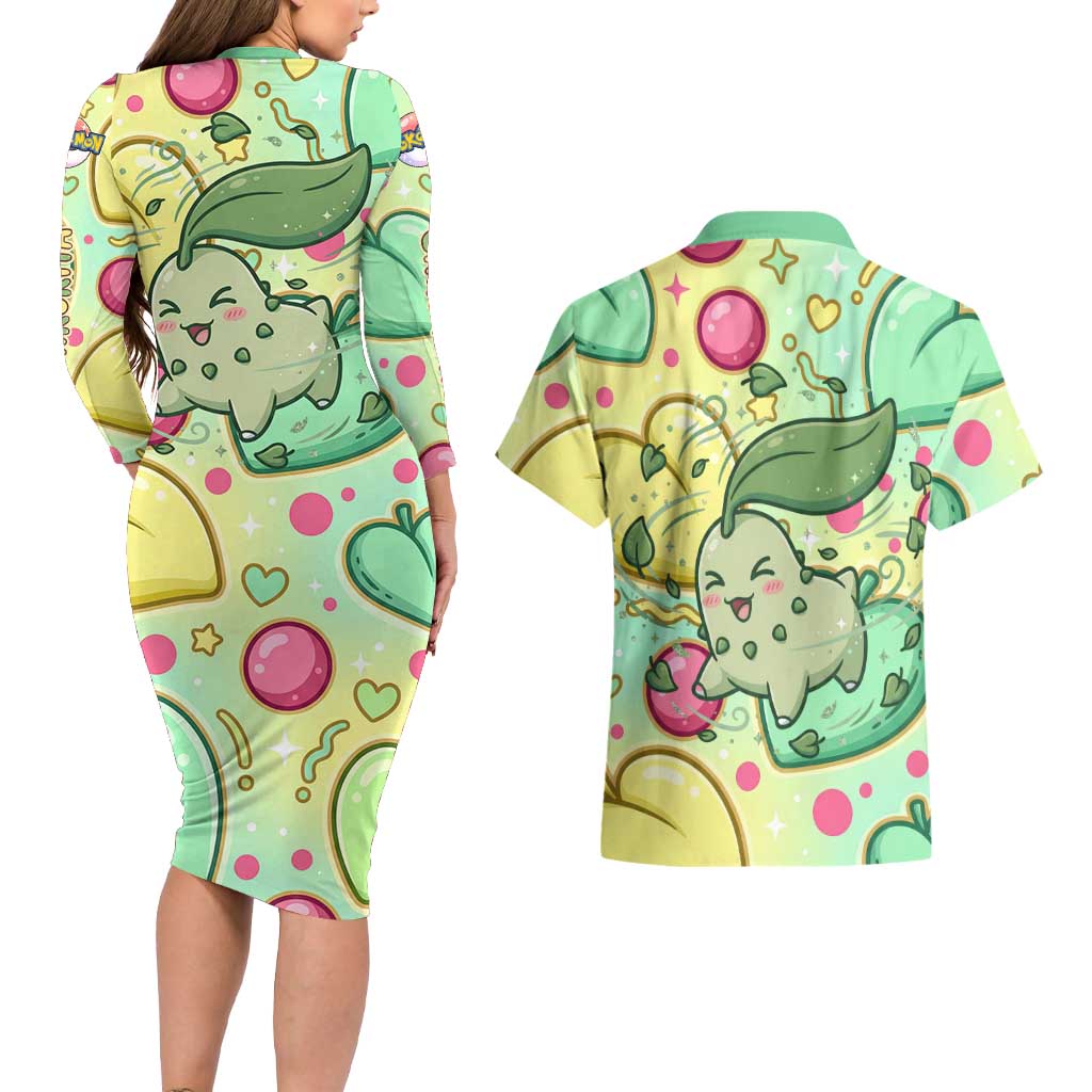 Chikorita Couples Matching Long Sleeve Bodycon Dress and Hawaiian Shirt Vibrant Pastel Leaf Pop Art