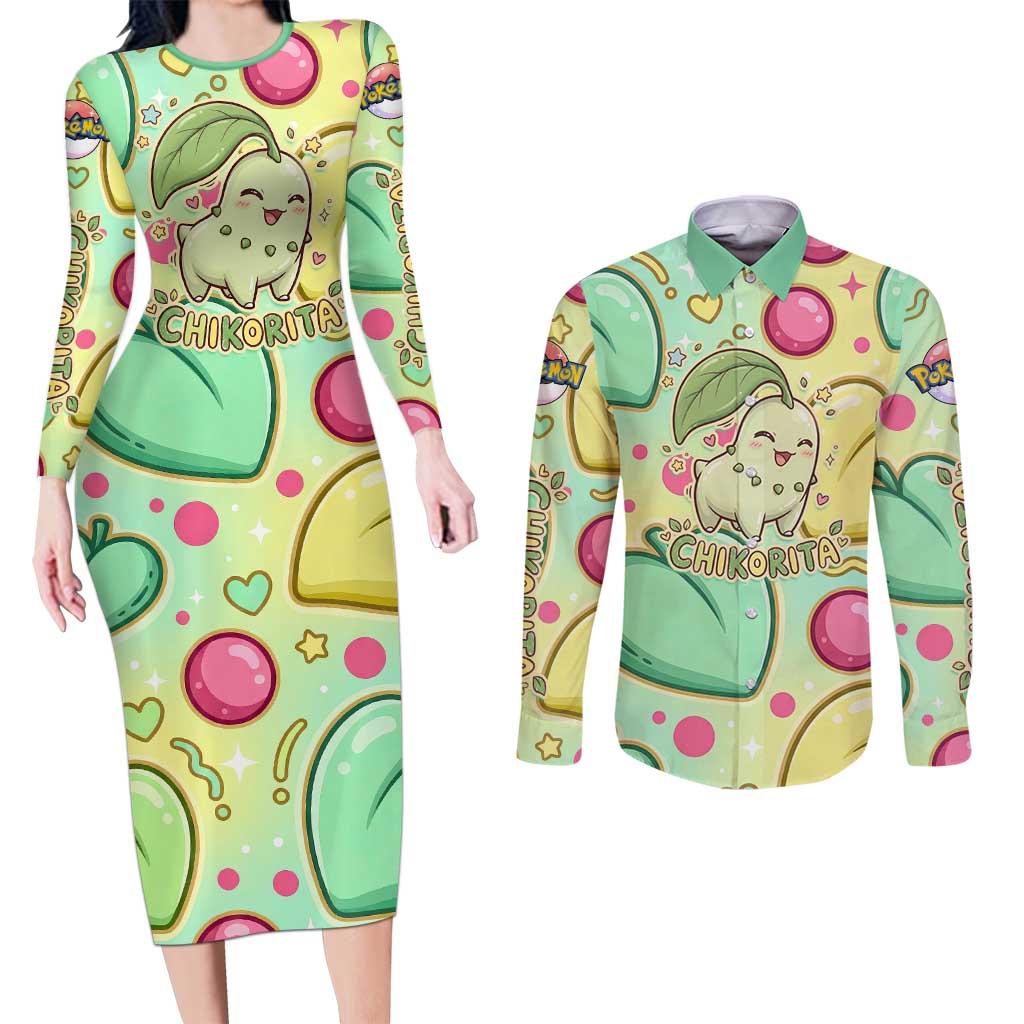 Chikorita Couples Matching Long Sleeve Bodycon Dress and Long Sleeve Button Shirt Vibrant Pastel Leaf Pop Art