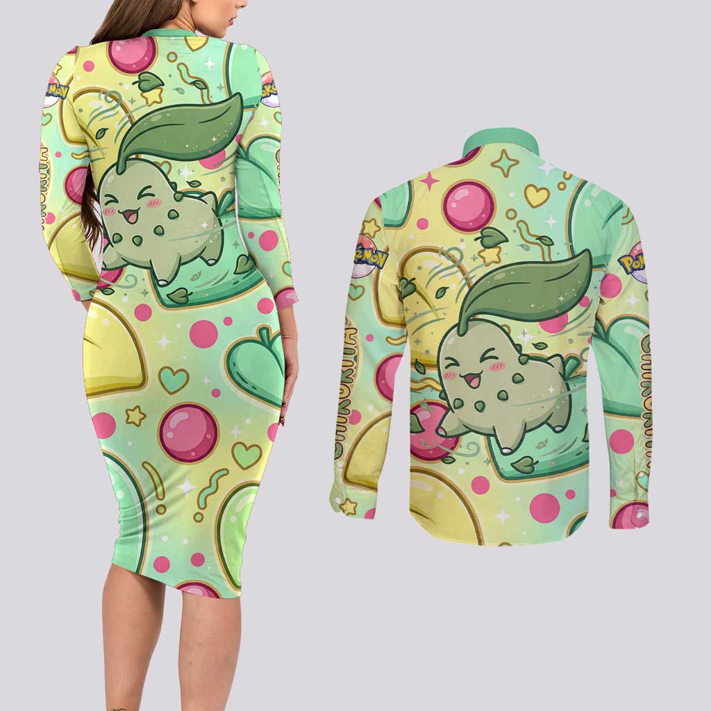 Chikorita Couples Matching Long Sleeve Bodycon Dress and Long Sleeve Button Shirt Vibrant Pastel Leaf Pop Art