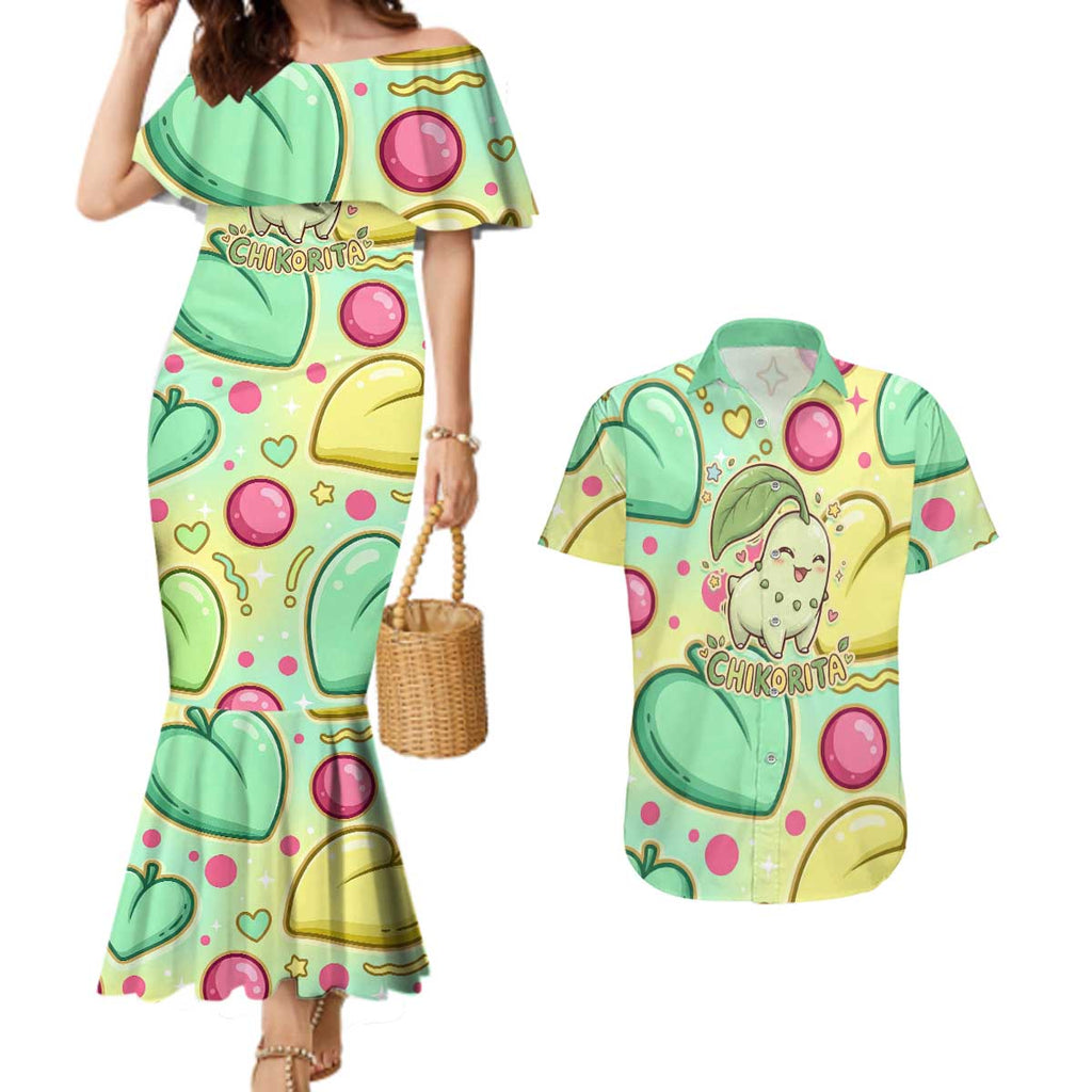 Chikorita Couples Matching Mermaid Dress and Hawaiian Shirt Vibrant Pastel Leaf Pop Art