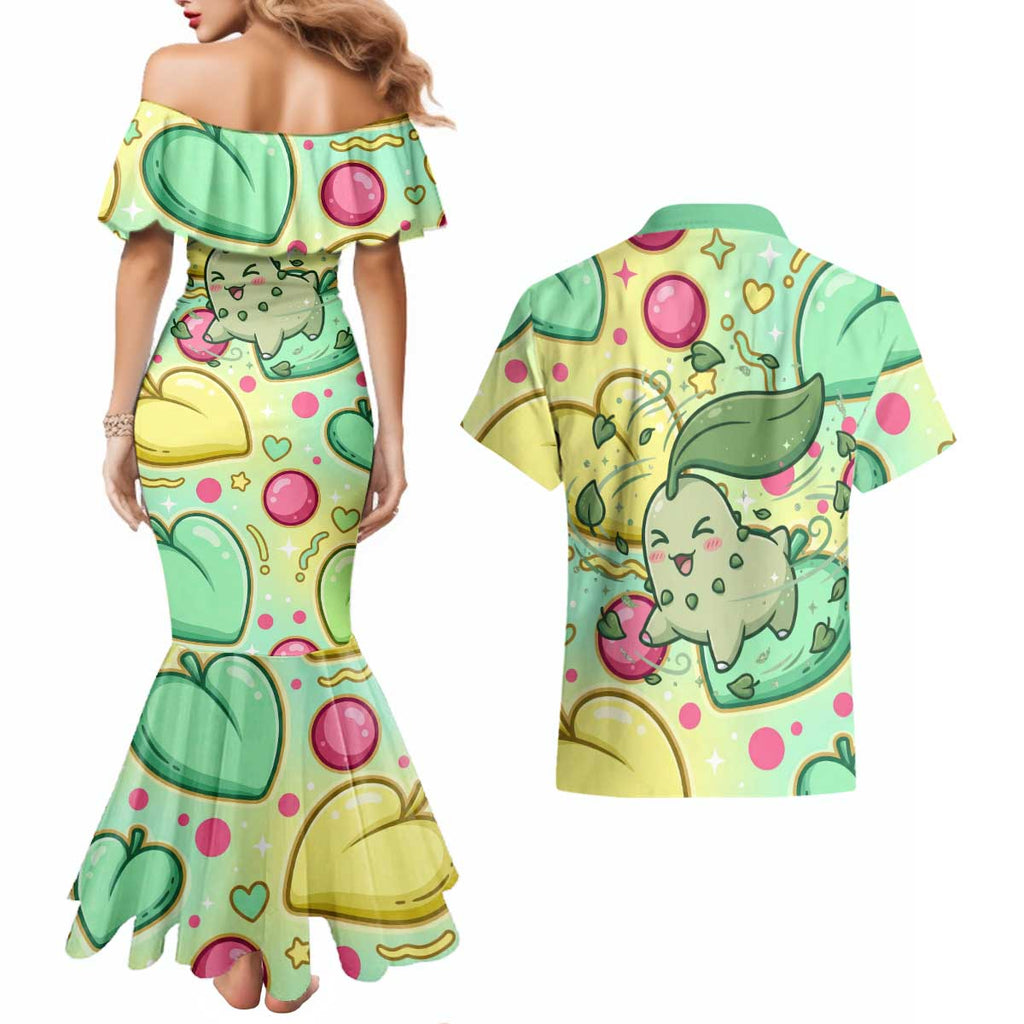 Chikorita Couples Matching Mermaid Dress and Hawaiian Shirt Vibrant Pastel Leaf Pop Art