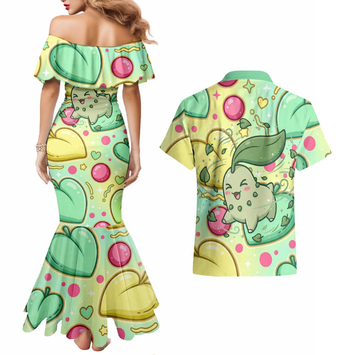 Chikorita Couples Matching Mermaid Dress and Hawaiian Shirt Vibrant Pastel Leaf Pop Art