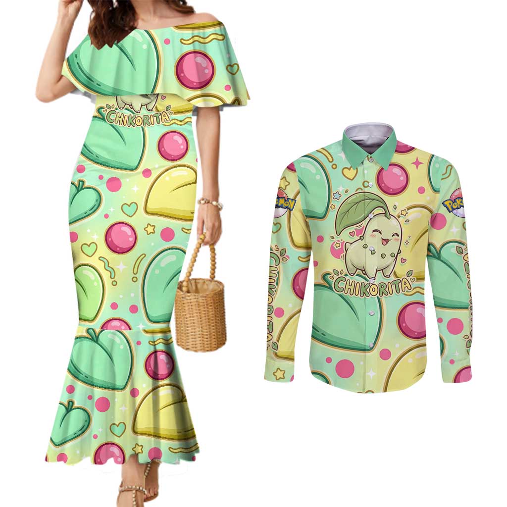 Chikorita Couples Matching Mermaid Dress and Long Sleeve Button Shirt Vibrant Pastel Leaf Pop Art