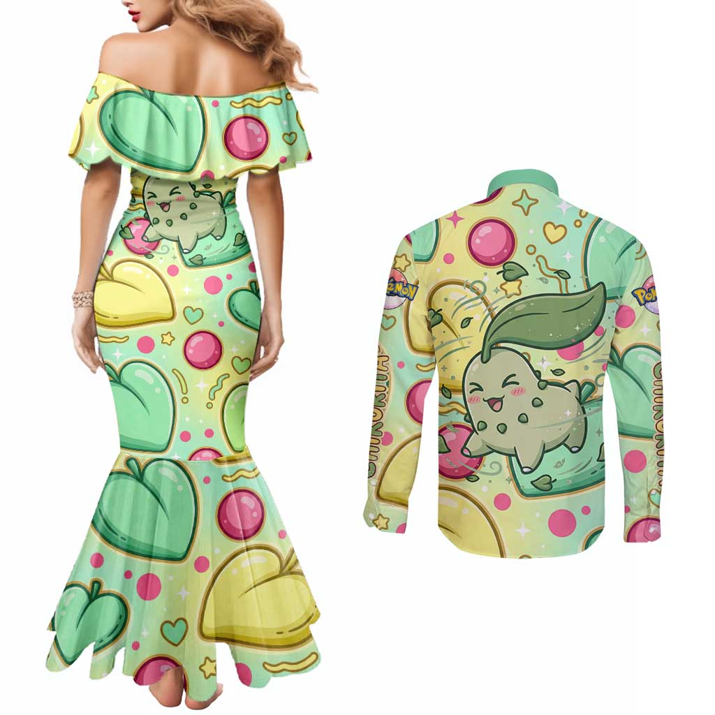 Chikorita Couples Matching Mermaid Dress and Long Sleeve Button Shirt Vibrant Pastel Leaf Pop Art
