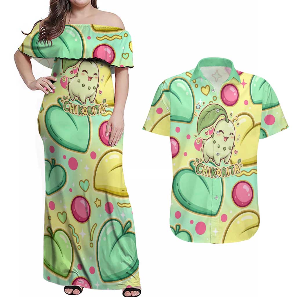 Chikorita Couples Matching Off Shoulder Maxi Dress and Hawaiian Shirt Vibrant Pastel Leaf Pop Art