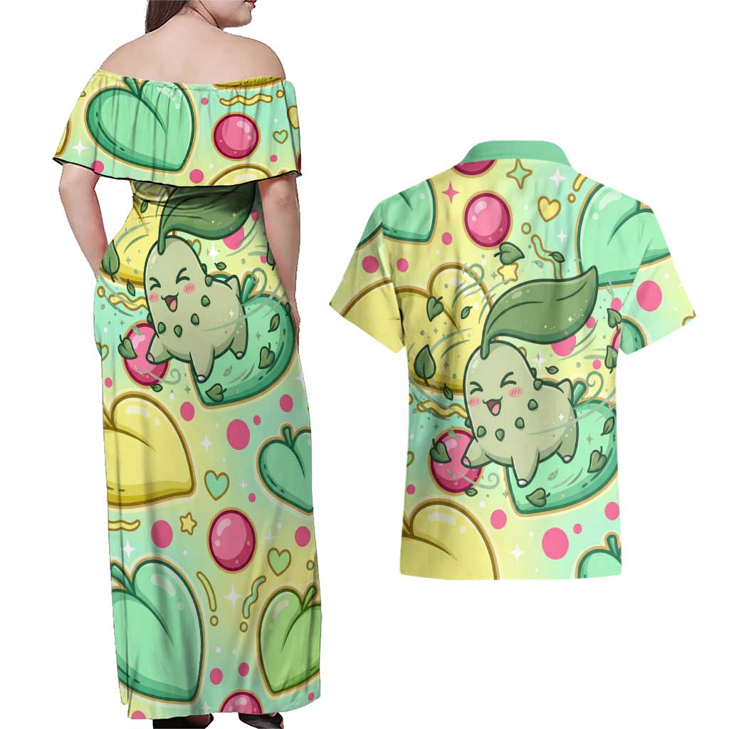 Chikorita Couples Matching Off Shoulder Maxi Dress and Hawaiian Shirt Vibrant Pastel Leaf Pop Art