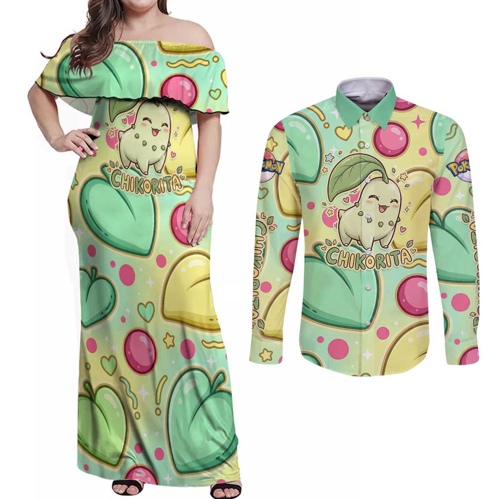 Chikorita Couples Matching Off Shoulder Maxi Dress and Long Sleeve Button Shirt Vibrant Pastel Leaf Pop Art