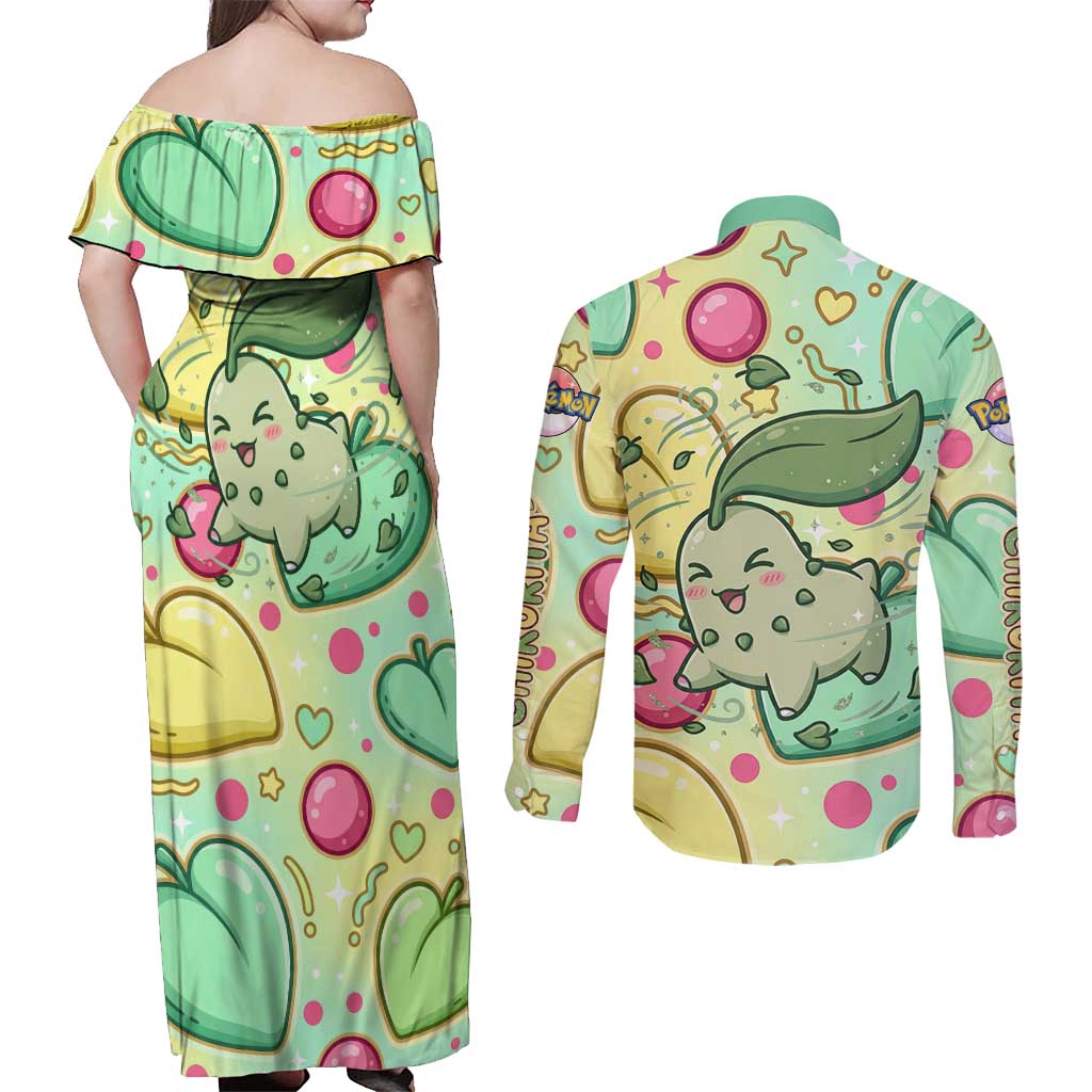 Chikorita Couples Matching Off Shoulder Maxi Dress and Long Sleeve Button Shirt Vibrant Pastel Leaf Pop Art
