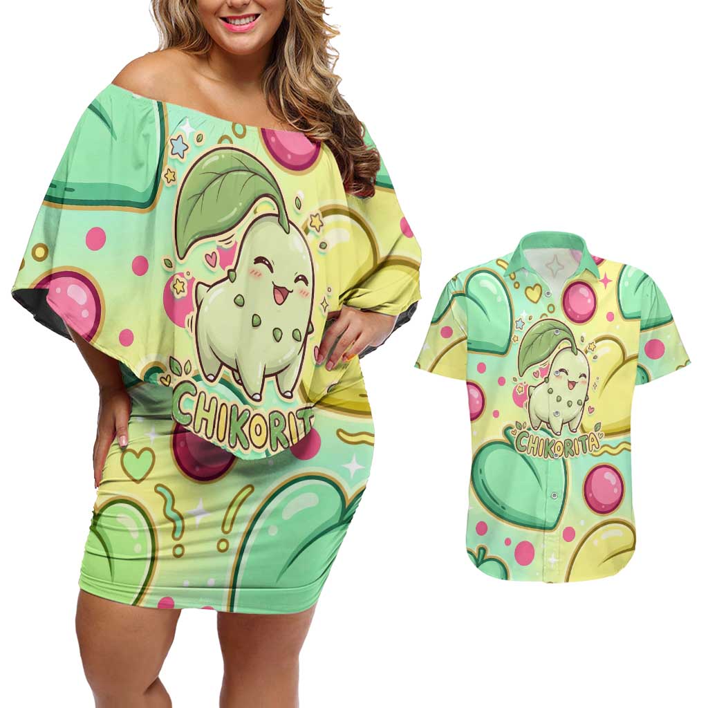 Chikorita Couples Matching Off Shoulder Short Dress and Hawaiian Shirt Vibrant Pastel Leaf Pop Art