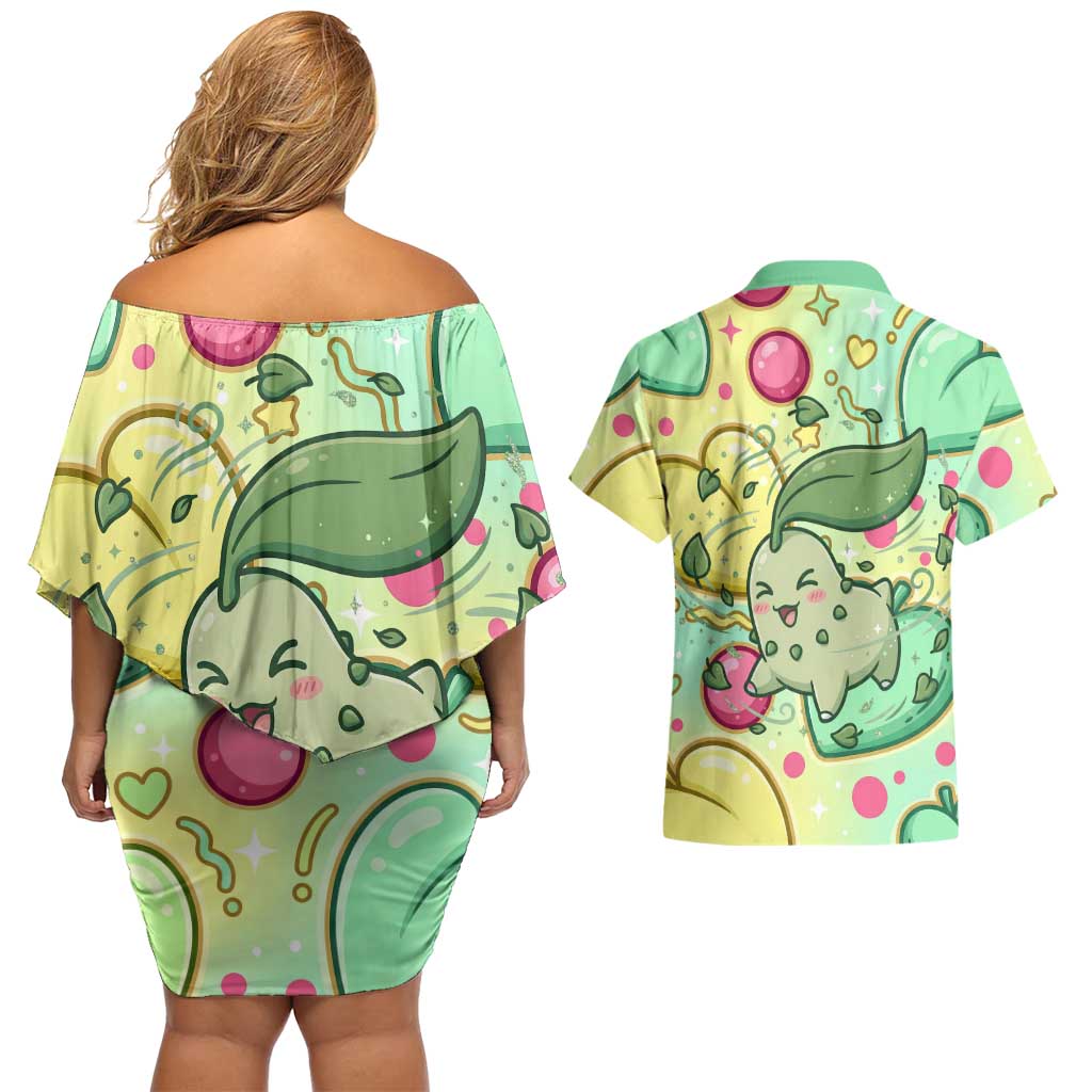 Chikorita Couples Matching Off Shoulder Short Dress and Hawaiian Shirt Vibrant Pastel Leaf Pop Art