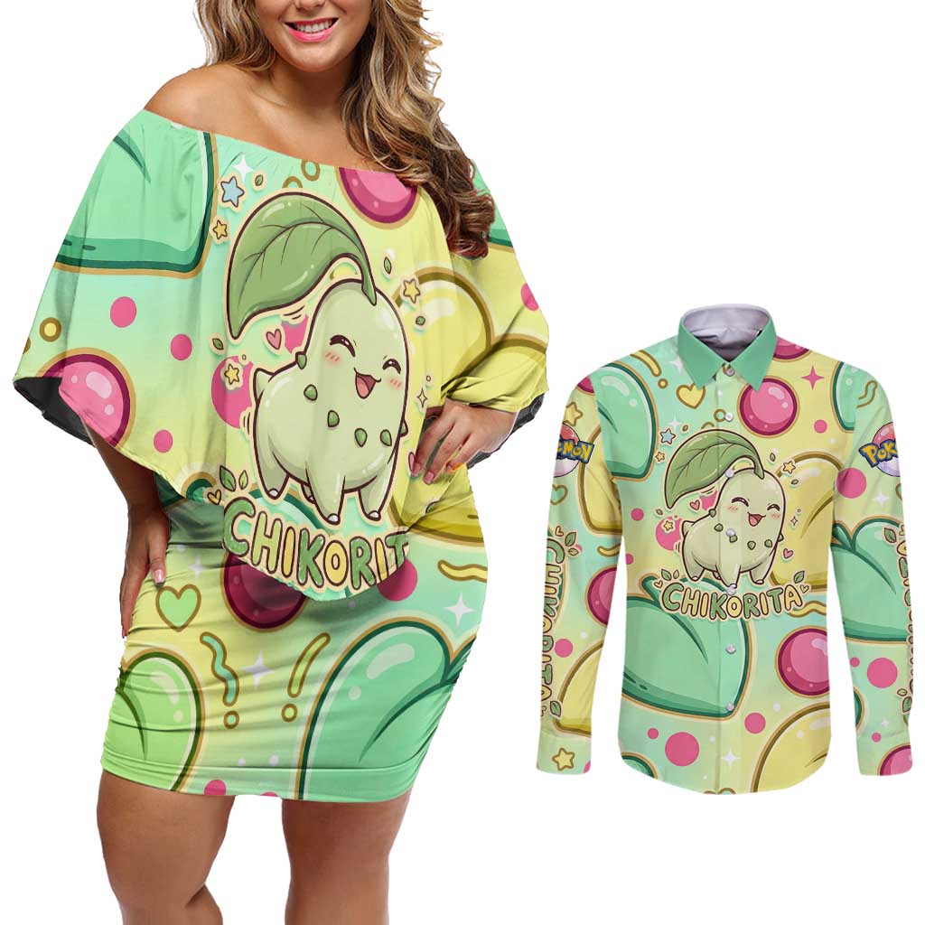 Chikorita Couples Matching Off Shoulder Short Dress and Long Sleeve Button Shirt Vibrant Pastel Leaf Pop Art