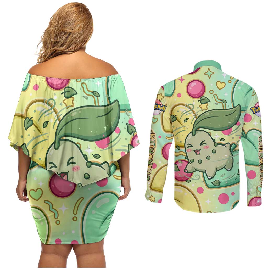 Chikorita Couples Matching Off Shoulder Short Dress and Long Sleeve Button Shirt Vibrant Pastel Leaf Pop Art