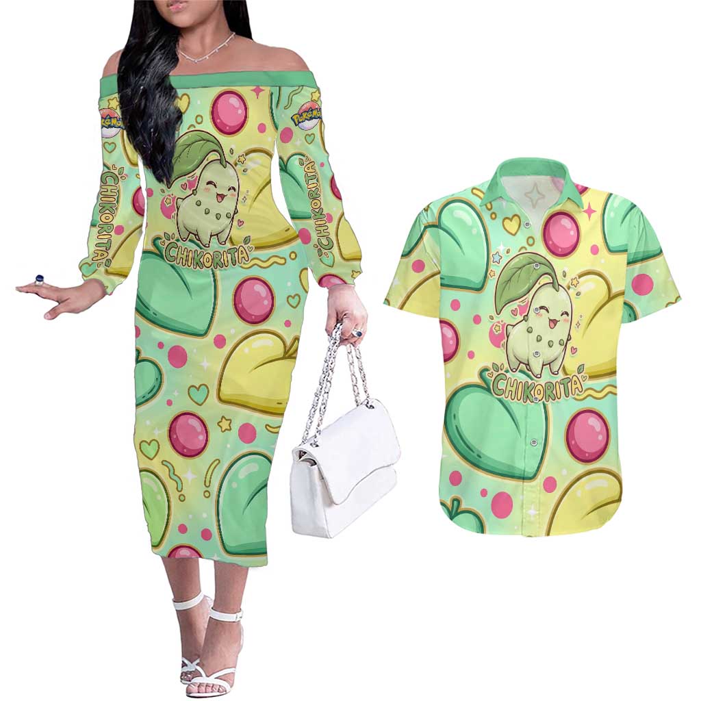Chikorita Couples Matching Off The Shoulder Long Sleeve Dress and Hawaiian Shirt Vibrant Pastel Leaf Pop Art