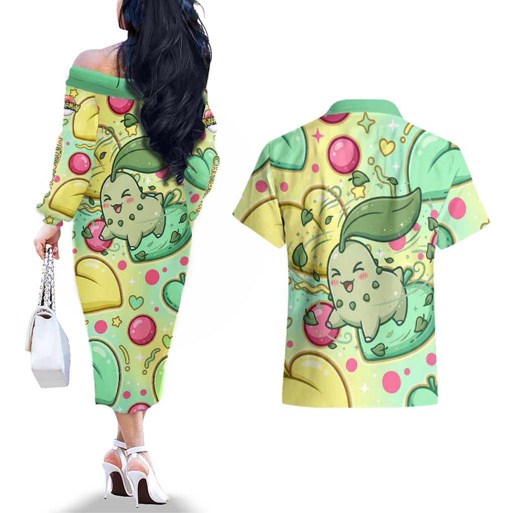 Chikorita Couples Matching Off The Shoulder Long Sleeve Dress and Hawaiian Shirt Vibrant Pastel Leaf Pop Art