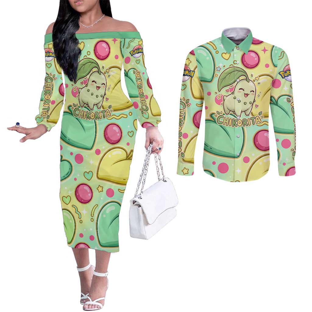 Chikorita Couples Matching Off The Shoulder Long Sleeve Dress and Long Sleeve Button Shirt Vibrant Pastel Leaf Pop Art