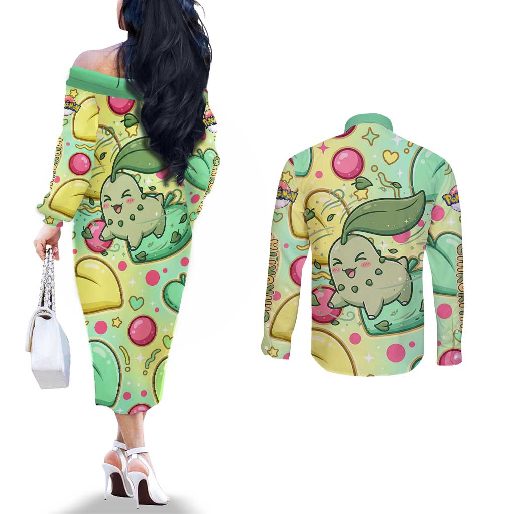 Chikorita Couples Matching Off The Shoulder Long Sleeve Dress and Long Sleeve Button Shirt Vibrant Pastel Leaf Pop Art