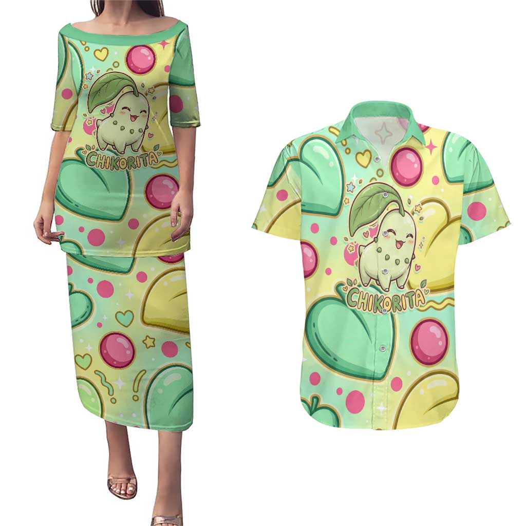 Chikorita Couples Matching Puletasi and Hawaiian Shirt Vibrant Pastel Leaf Pop Art