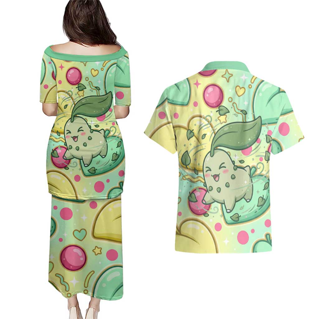 Chikorita Couples Matching Puletasi and Hawaiian Shirt Vibrant Pastel Leaf Pop Art