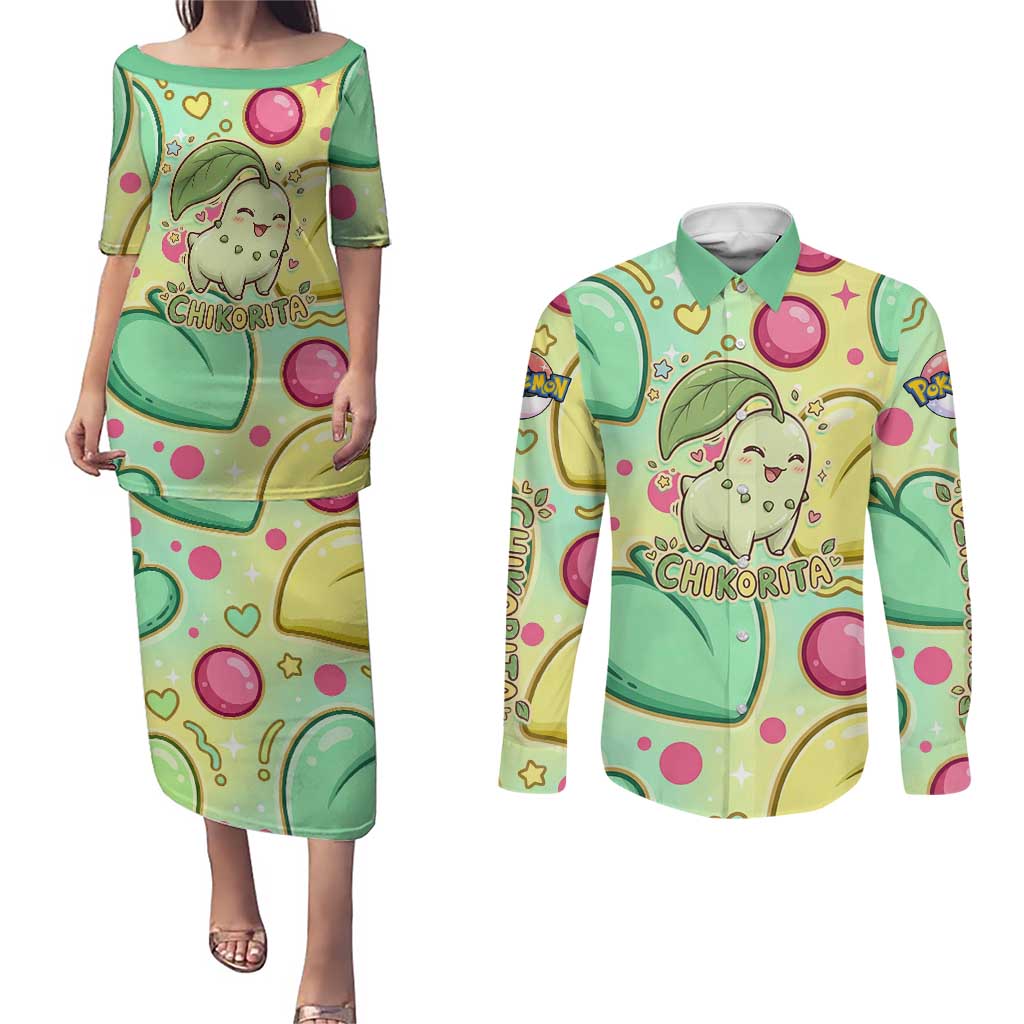 Chikorita Couples Matching Puletasi and Long Sleeve Button Shirt Vibrant Pastel Leaf Pop Art
