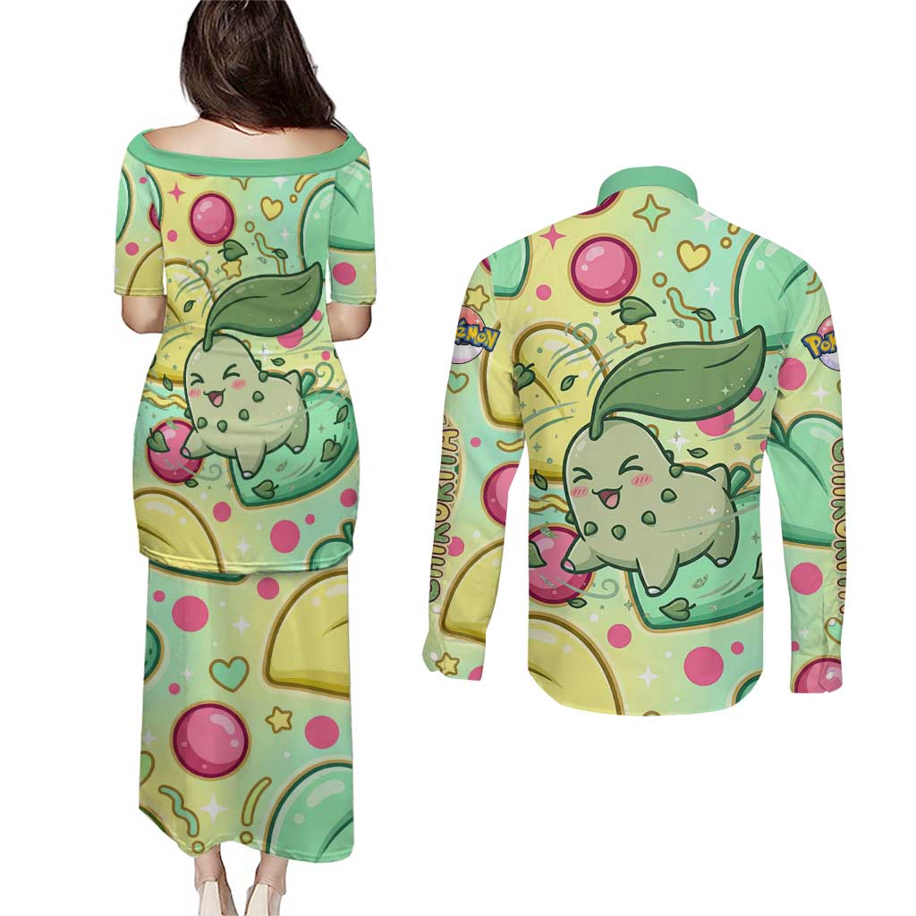 Chikorita Couples Matching Puletasi and Long Sleeve Button Shirt Vibrant Pastel Leaf Pop Art