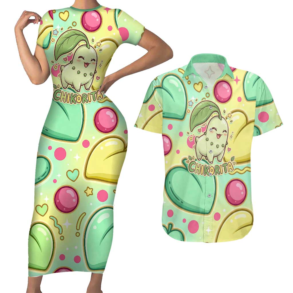 Chikorita Couples Matching Short Sleeve Bodycon Dress and Hawaiian Shirt Vibrant Pastel Leaf Pop Art