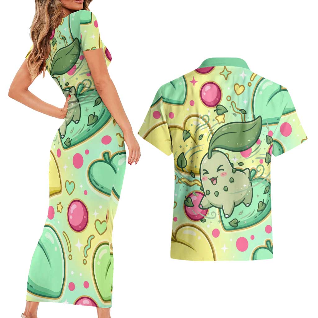 Chikorita Couples Matching Short Sleeve Bodycon Dress and Hawaiian Shirt Vibrant Pastel Leaf Pop Art