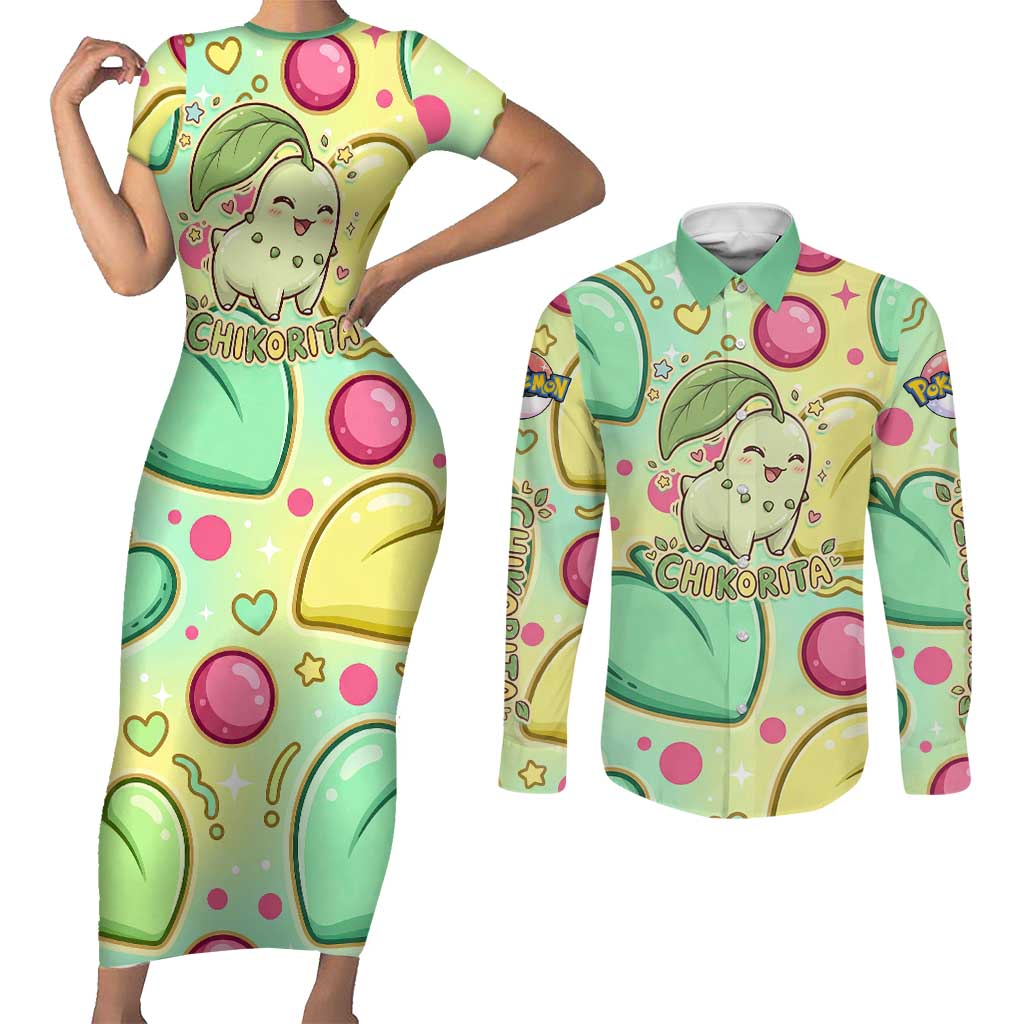 Chikorita Couples Matching Short Sleeve Bodycon Dress and Long Sleeve Button Shirt Vibrant Pastel Leaf Pop Art