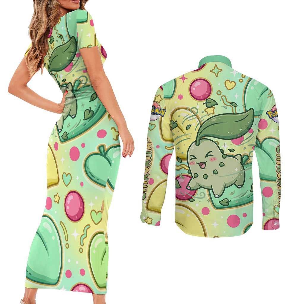 Chikorita Couples Matching Short Sleeve Bodycon Dress and Long Sleeve Button Shirt Vibrant Pastel Leaf Pop Art