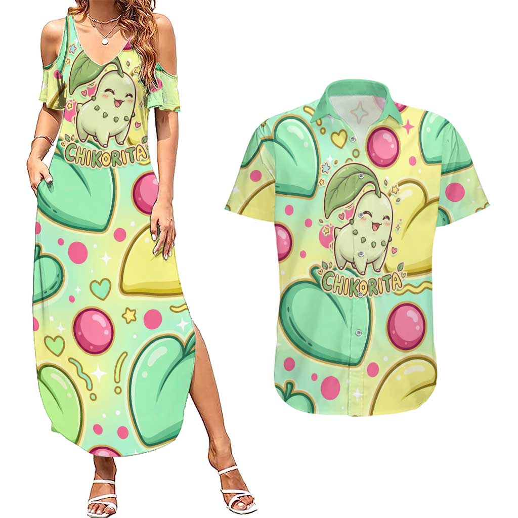 Chikorita Couples Matching Summer Maxi Dress and Hawaiian Shirt Vibrant Pastel Leaf Pop Art