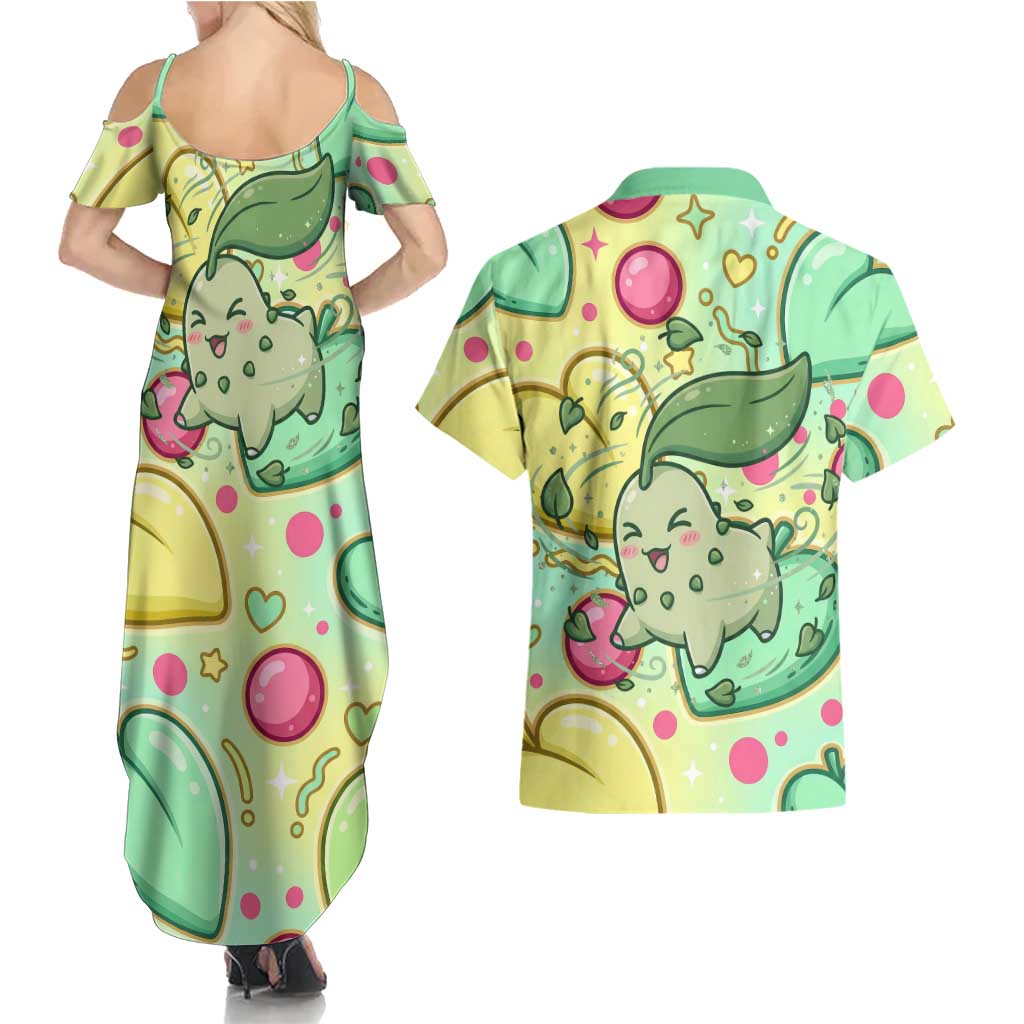 Chikorita Couples Matching Summer Maxi Dress and Hawaiian Shirt Vibrant Pastel Leaf Pop Art
