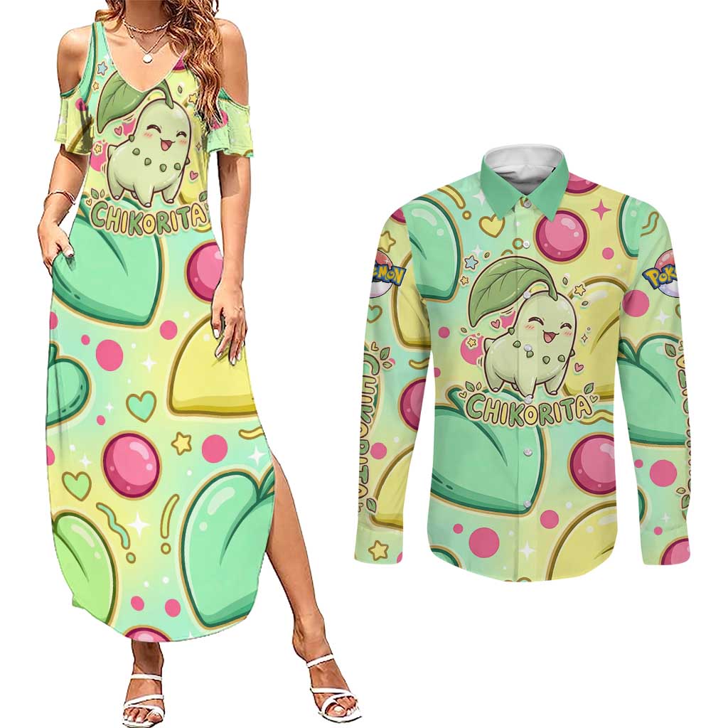 Chikorita Couples Matching Summer Maxi Dress and Long Sleeve Button Shirt Vibrant Pastel Leaf Pop Art