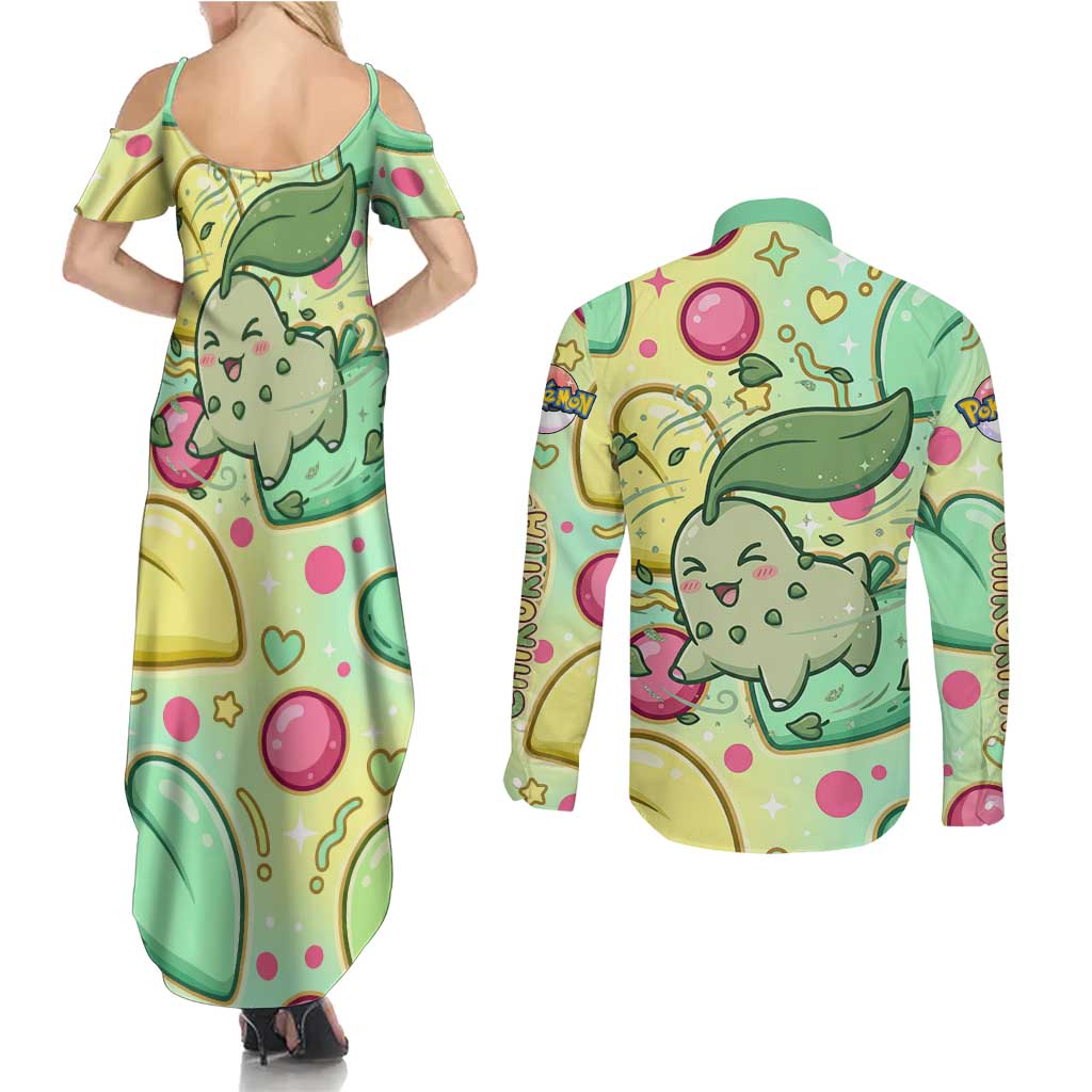 Chikorita Couples Matching Summer Maxi Dress and Long Sleeve Button Shirt Vibrant Pastel Leaf Pop Art