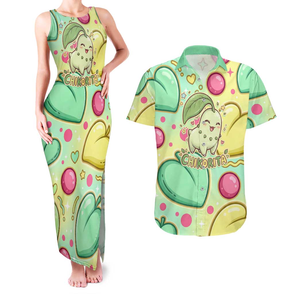 Chikorita Couples Matching Tank Maxi Dress and Hawaiian Shirt Vibrant Pastel Leaf Pop Art